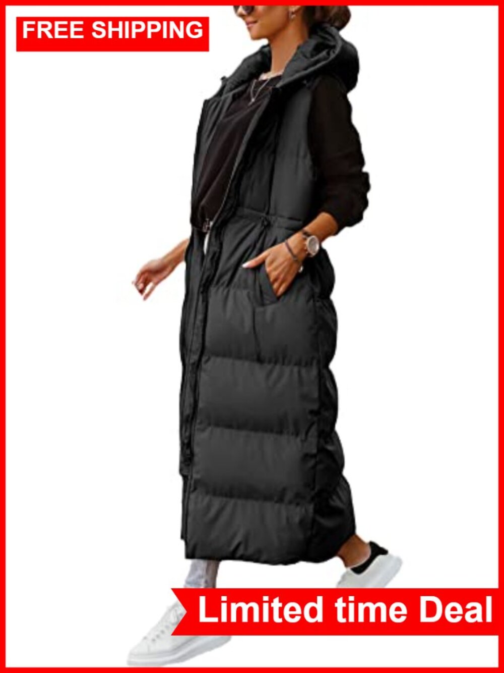 Women's Long Quilted Hooded Puffer Vest Sleeveless Winter Coat